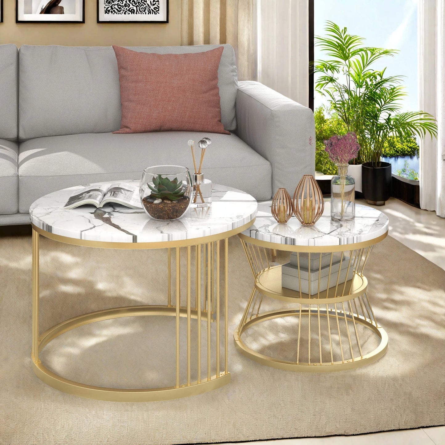 Salontafel set - Rond - Marmerlook - Wit/Goud