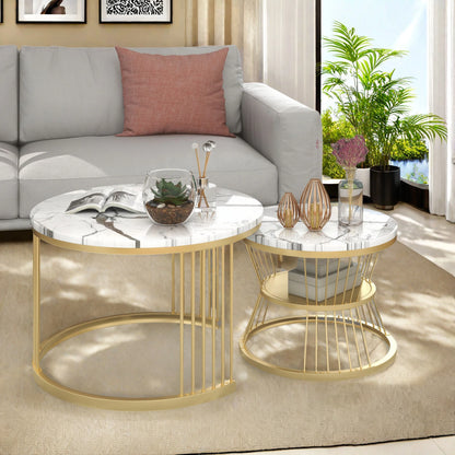 Salontafel set - Rond - Marmerlook - Wit/Goud