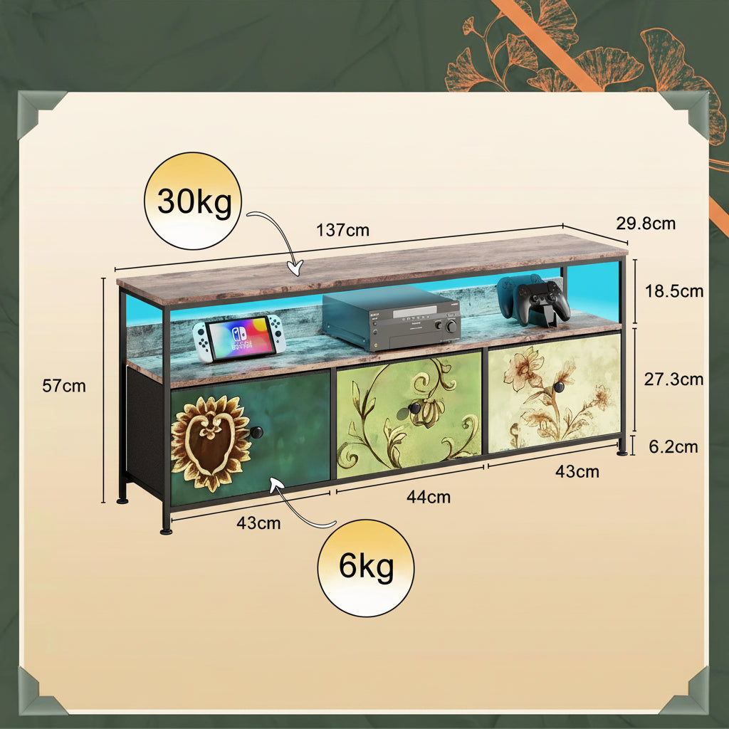 TV-meubel - 137cm - Met LED-verlichting & 3 stoffen laden