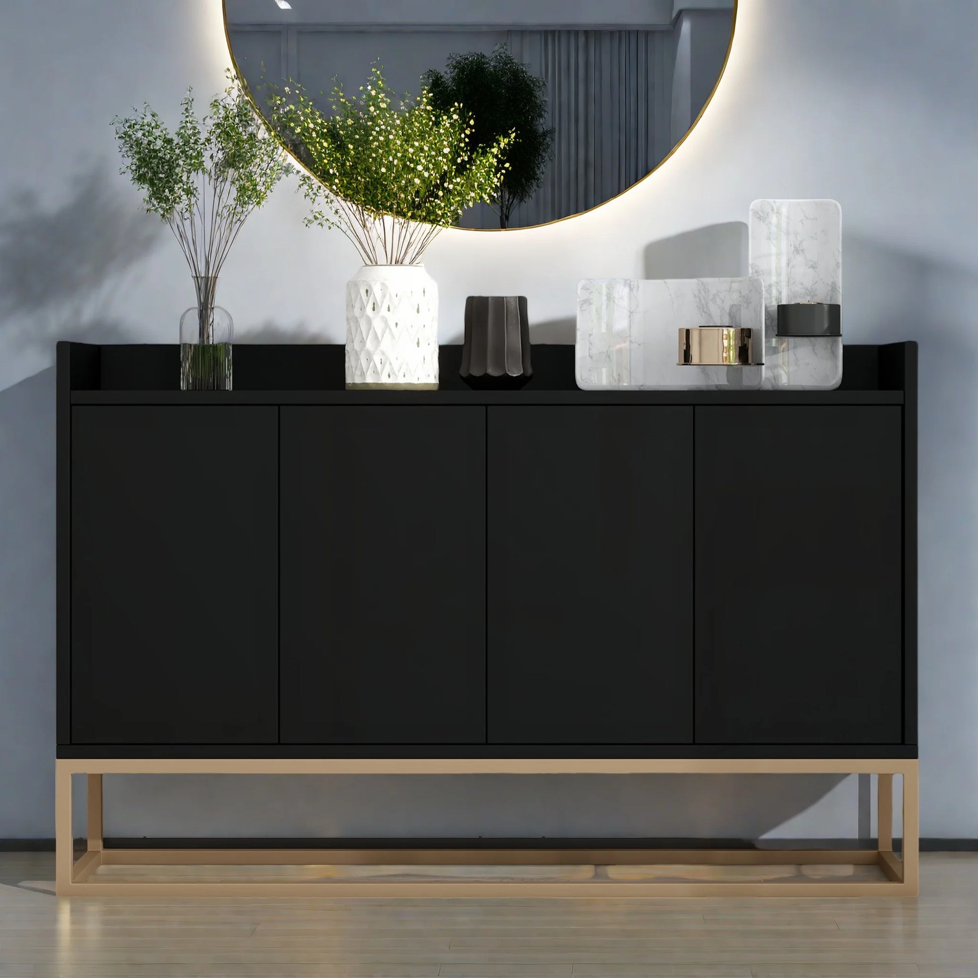 Houten 4-deurs Sidekast - 120x30x80cm, Wit + Zwart