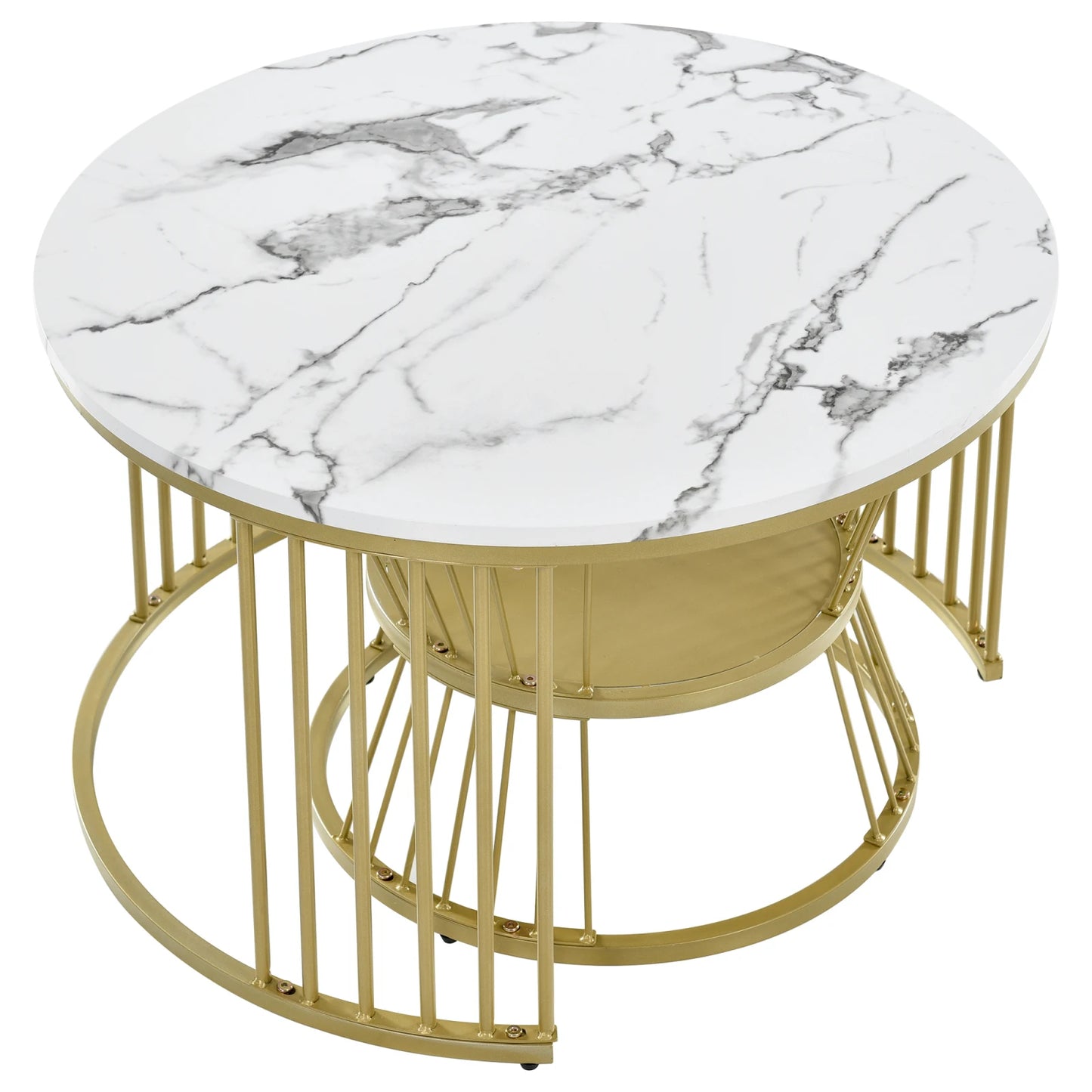 Salontafel set - Rond - Marmerlook - Wit/Goud