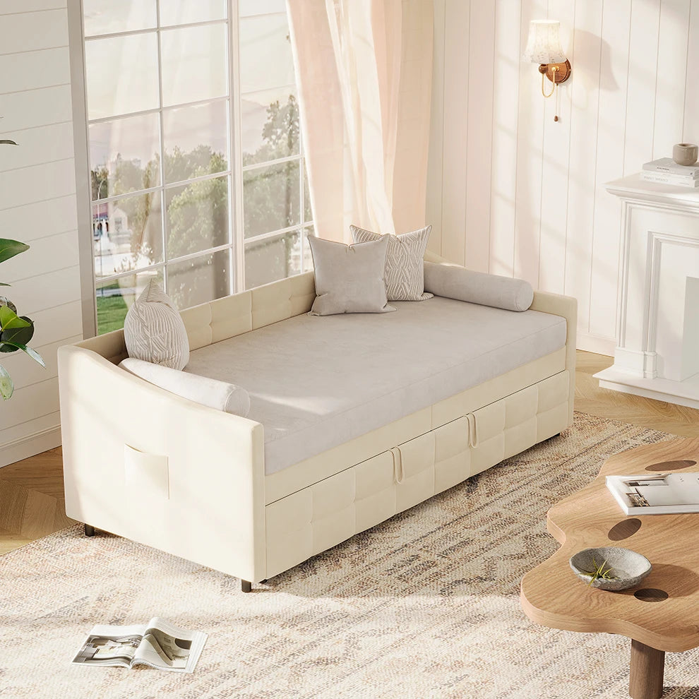 Velvet Sofa Bed - 90x200cm - Crème