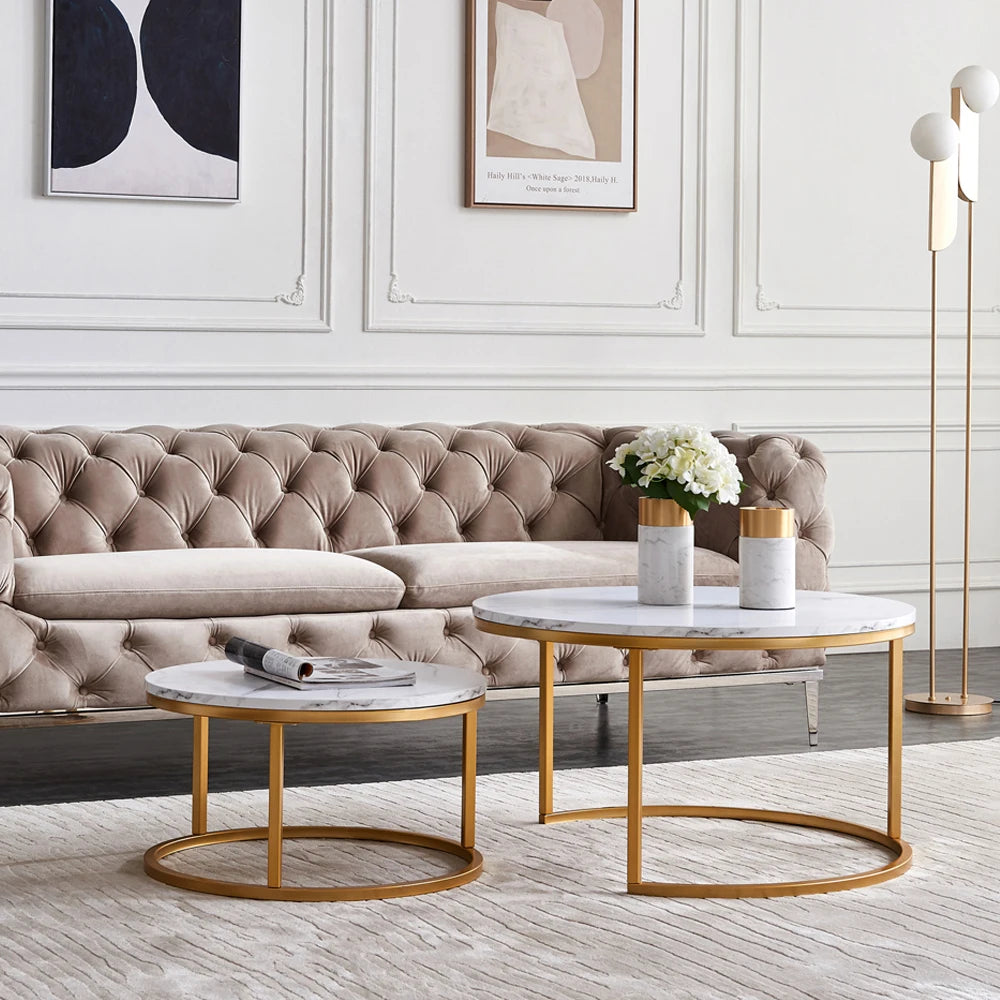 Salontafel set - 2-delig - wit en goud - metalen frame