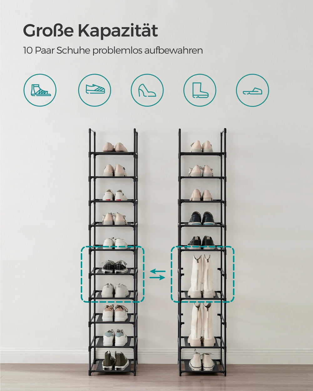 SONGMICS shoe rack 10 Layers Shoe shelf Shoe storage, 33x33x173 cm, Metal Rher, Nonwoven