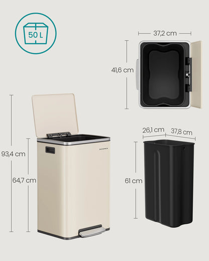SONGMICS trash can 50 L 15 Garbage bags steel removable plastic inner bucket with lid handles soft close