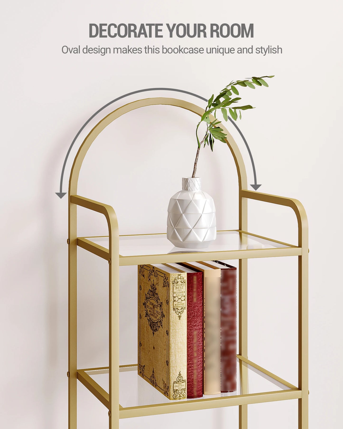 Bookcase Bookshelf, Tempered Glass Bookshelves, Slim Shelving Unit for Bedroom, Bathroom, Home Office, Steel Frame Gold