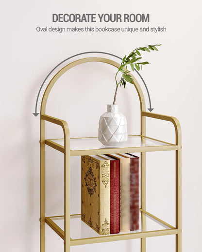 Bookcase Bookshelf, Tempered Glass Bookshelves, Slim Shelving Unit for Bedroom, Bathroom, Home Office, Steel Frame Gold