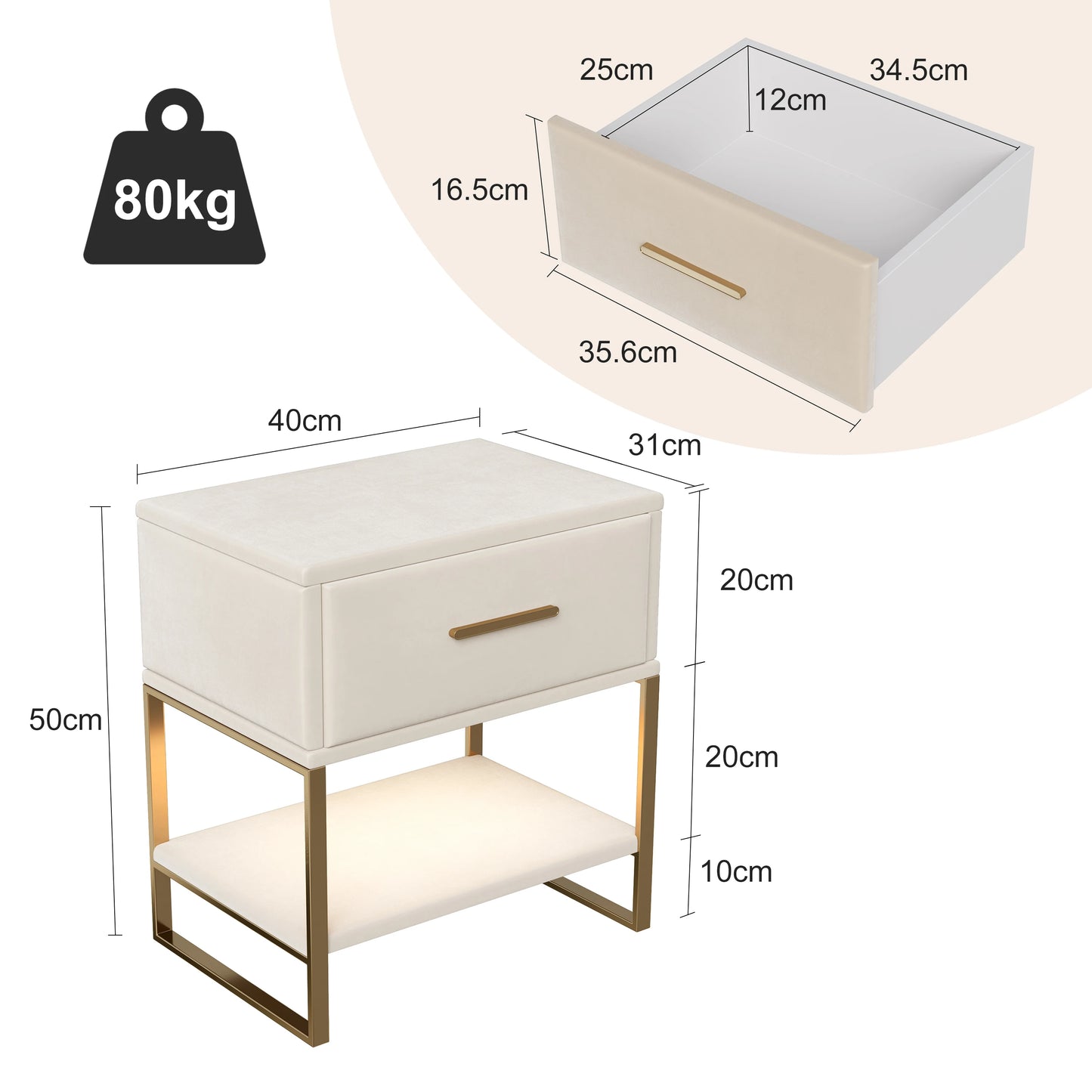 Velours Nachtkastje met LED verlichting - 2-delige Set - Crème