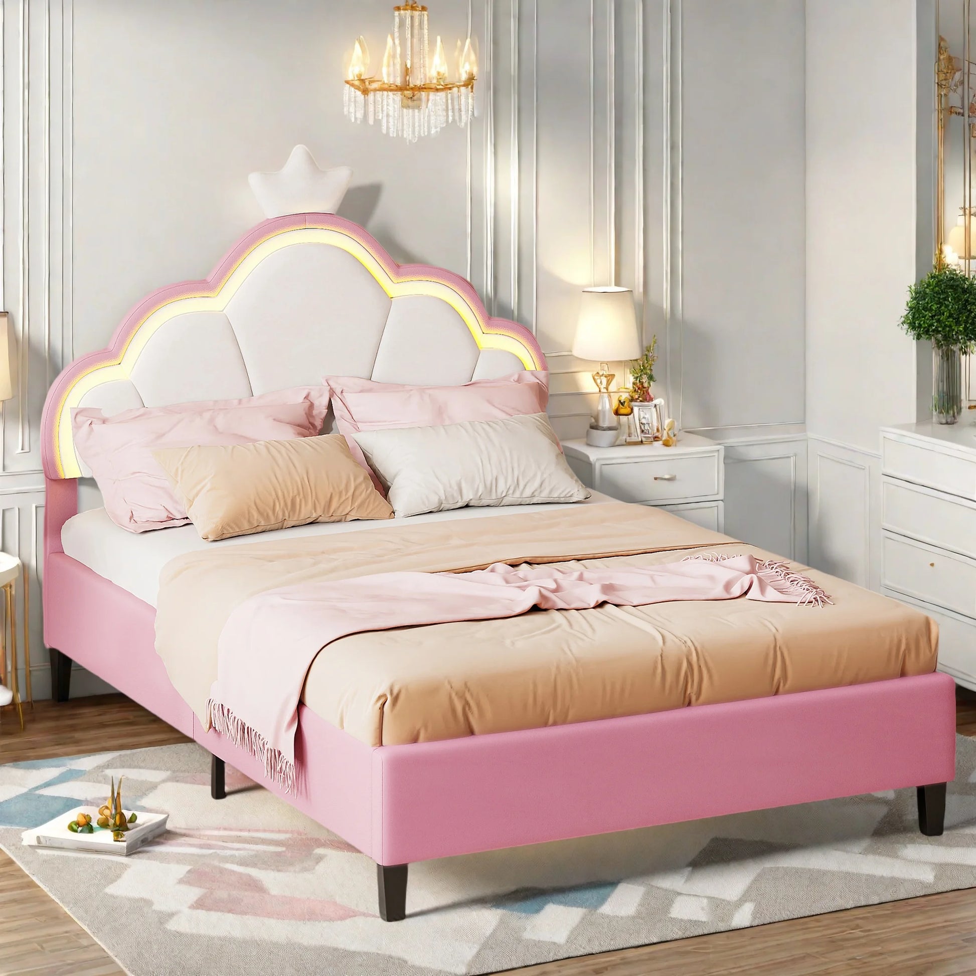Led-verlichte Kruisbed - Kunstleer - Zwart + Wit