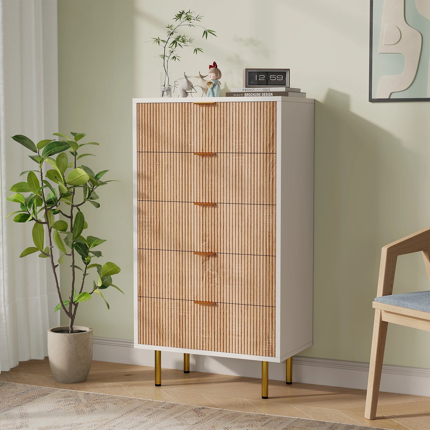 Moderne Ladekast met 5 Laden – Wit & Houtlook- Gouden Details