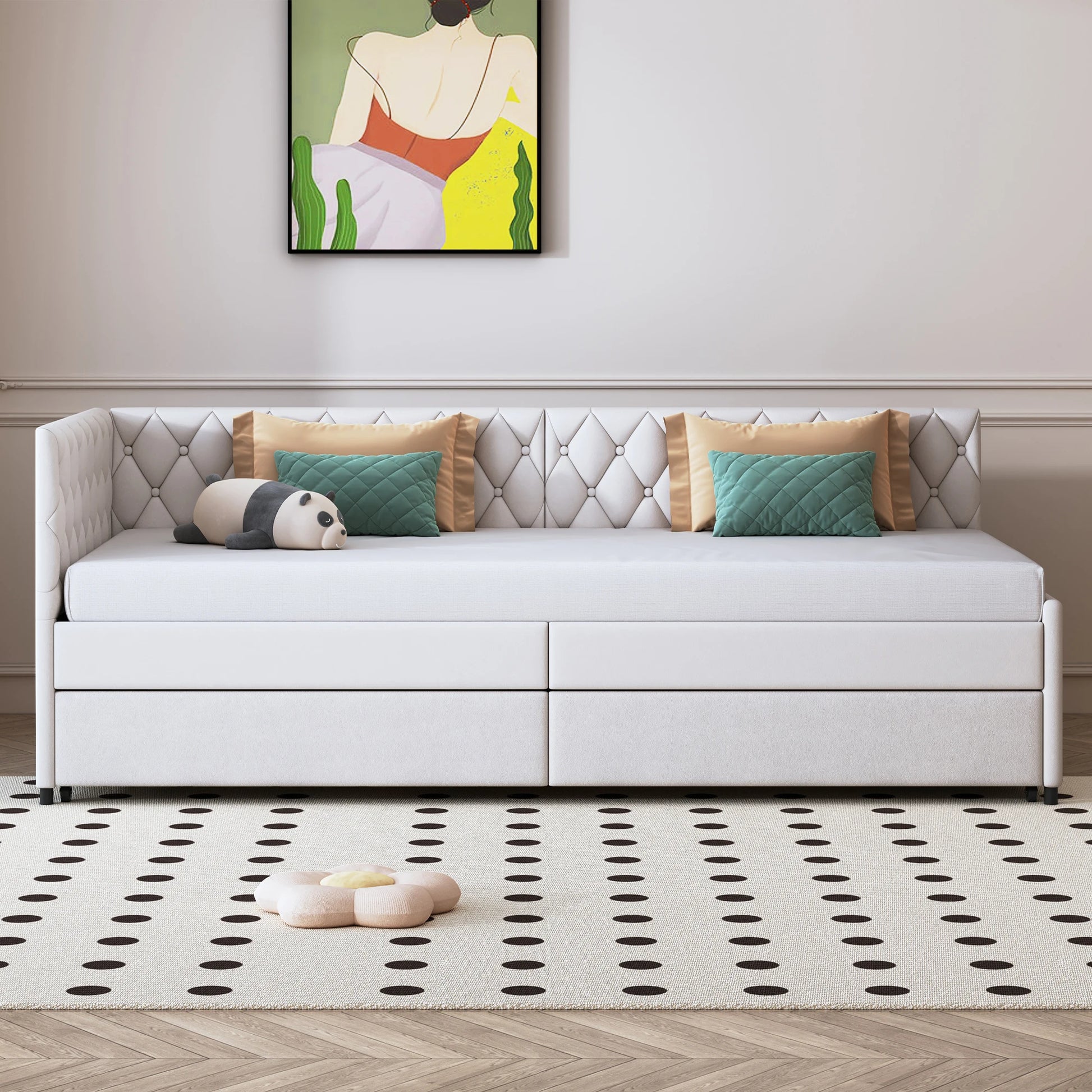 Velours Slaapbank - 90 × 200 cm, Inclusief 12 cm Matras - Grijs/Wit
