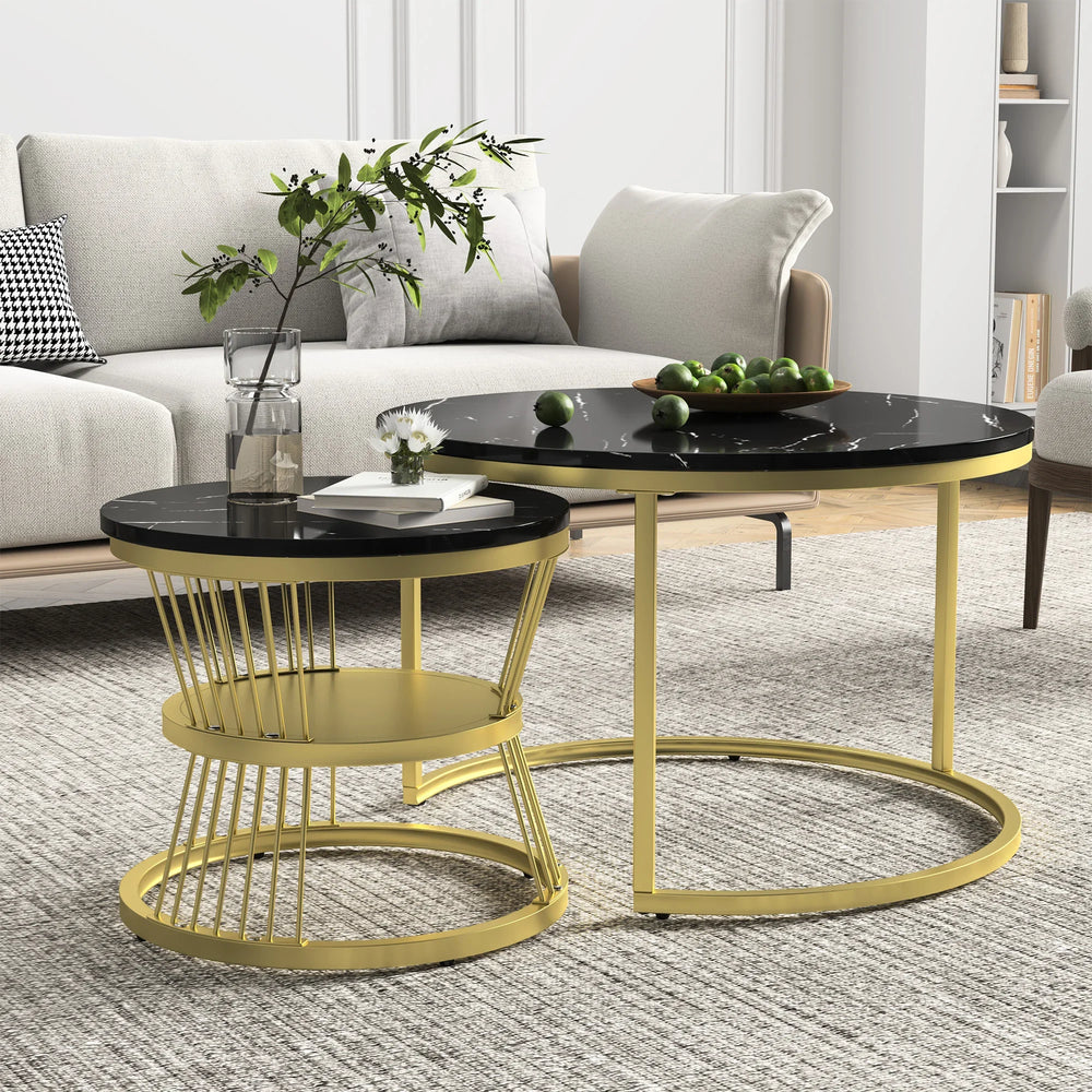2-delige Bijzettafel Set - Marmerlook - Zwart/Goud