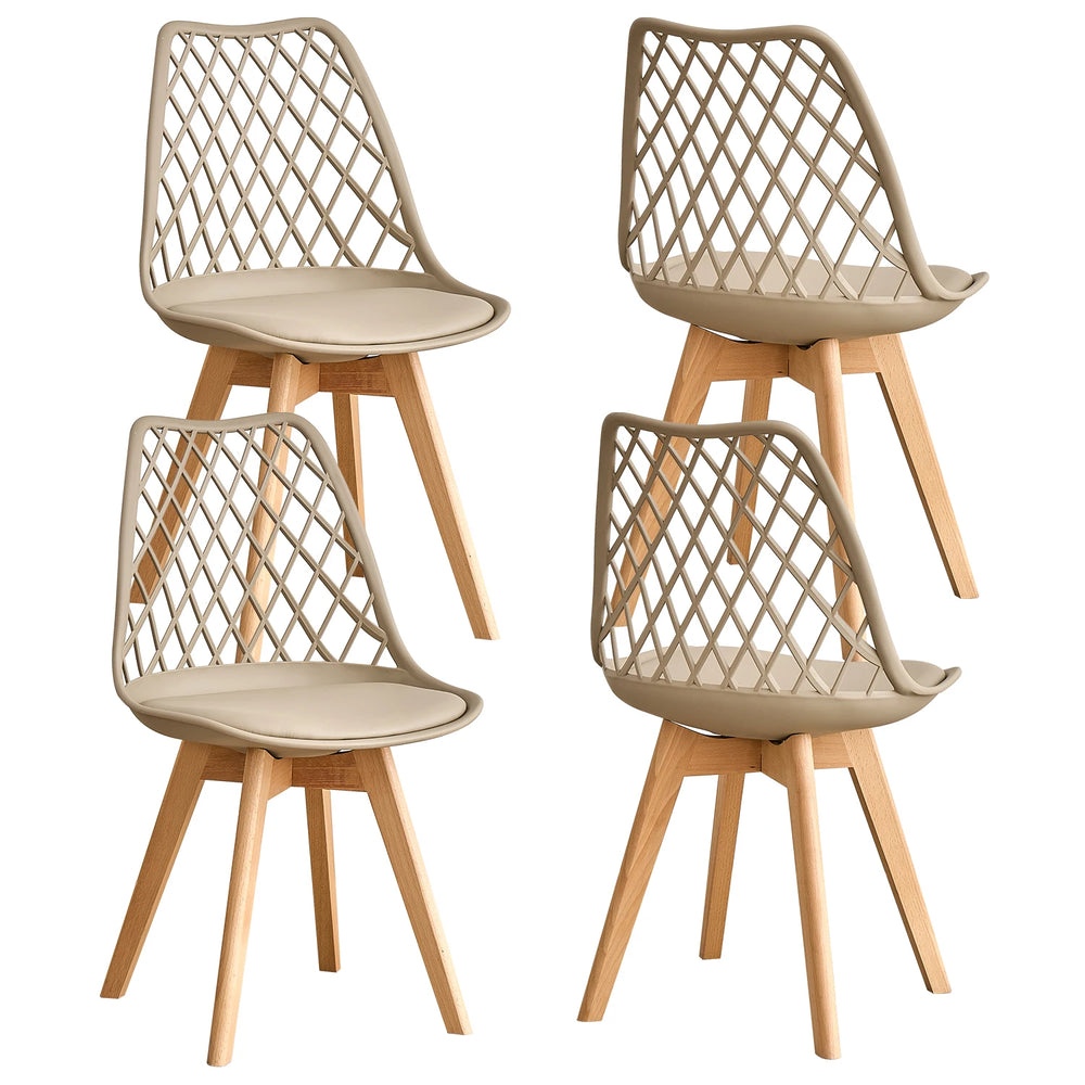 Set of 4 / 6 Nordic Style Dining Chairs, Mesh Back, Solid Wood Legs, Leather Upholstery Chair, White/Black/Beige