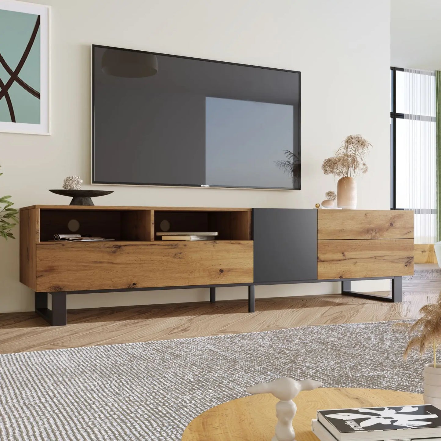 Houten TV-stand - 180x50x38cm, Hout & Zwart