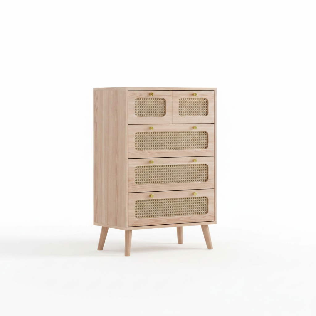 Dressoir met 5 Laden - Rattan Details - Ruime Opbergruimte - Kaki