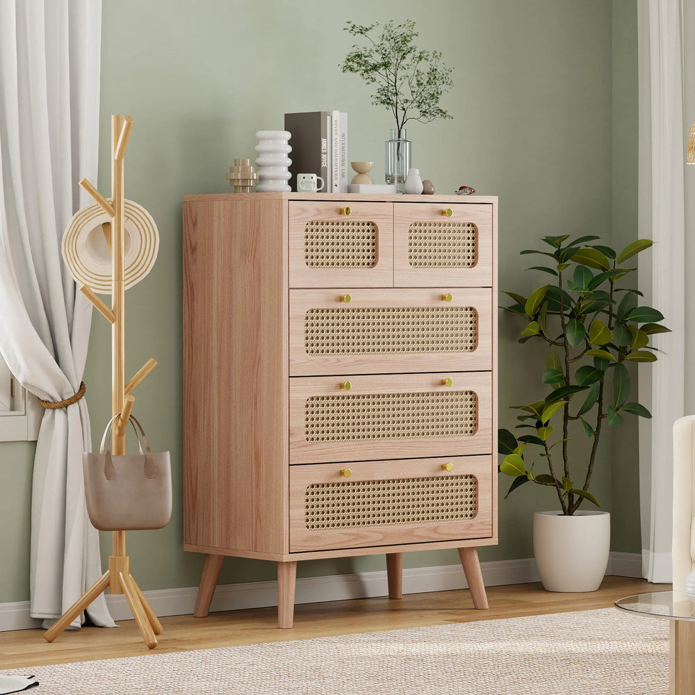 Dressoir met 5 Laden - Rattan Details - Ruime Opbergruimte - Kaki
