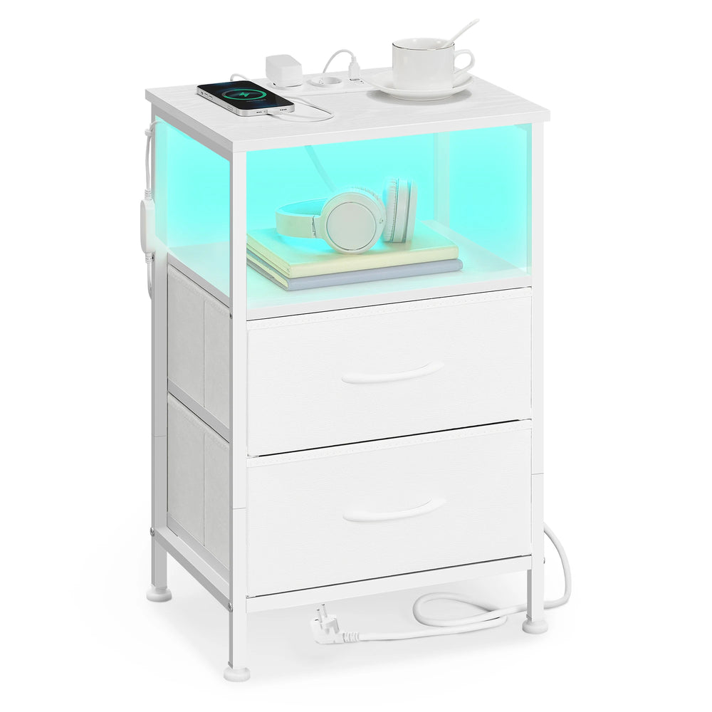 SONGMICS bedside table with LED lighting and charging station, 2 drawer bedside table with open compartment