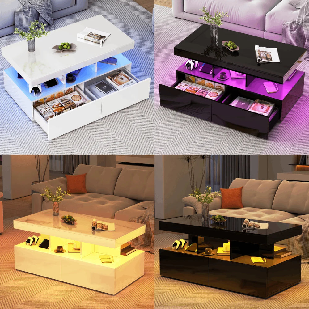 Houten Salontafel - Verstelbare LED-verlichting, 2 Laden, 104 × 53 × 46 cm