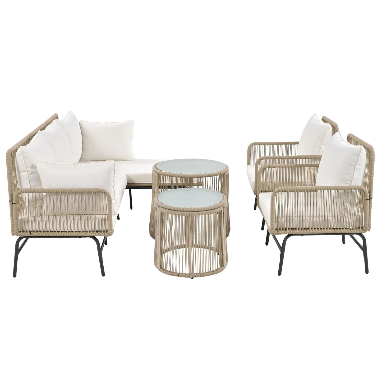5-Persoons Lounge Set - 2 stoelen - Hoekbank - Bijzettafels - Beige