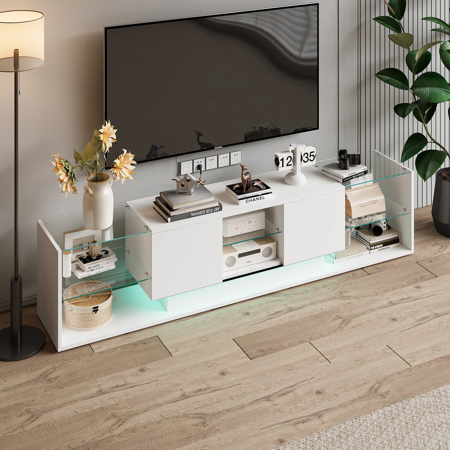 LED-verlichte TV-stand - Houten TV-kast - 200x35x45cm, Wit
