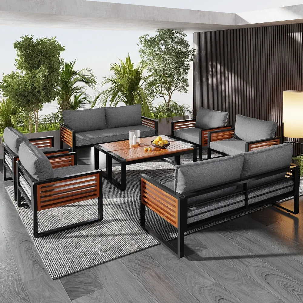 8-persoons patio lounge set - 4 Stoelen - 2 Banken - 2 Bijzettafels - Grijs