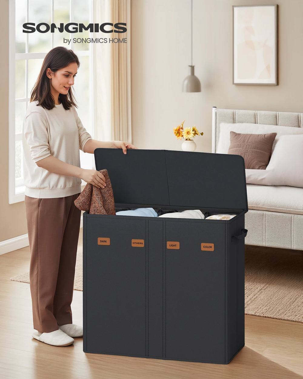 SONGMICS laundry basket with 4 compartments 210 L with lid 5 labels removable and washable inner bag laundry room