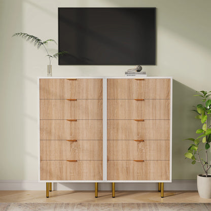 Moderne Ladekast met 5 Laden – Wit & Houtlook- Gouden Details
