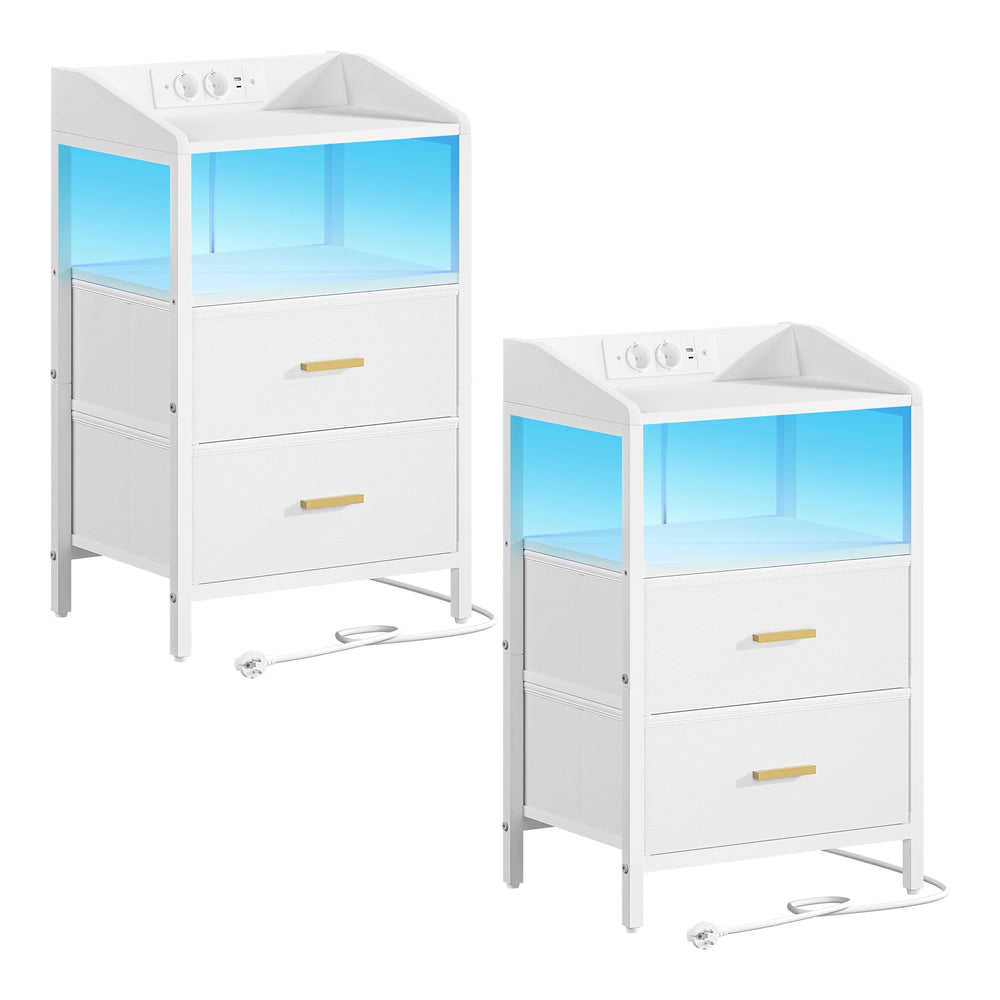 Bedside Table set of 2, with LED Lights and Charging Station, Side Table with 2 Fabric Drawers and Shelves, White