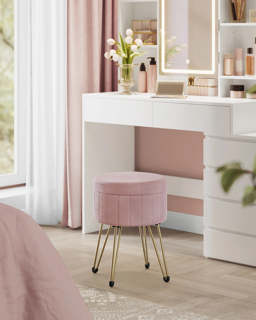 SONGMICS Seat stool stool (dressing table stool, velvet make-up stool), 4 metal legs, for dressing room, living room, Bedroom