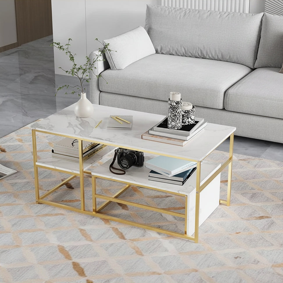 Salontafel - 2-delig - wit tafelblad - Goud - Metalen Frame