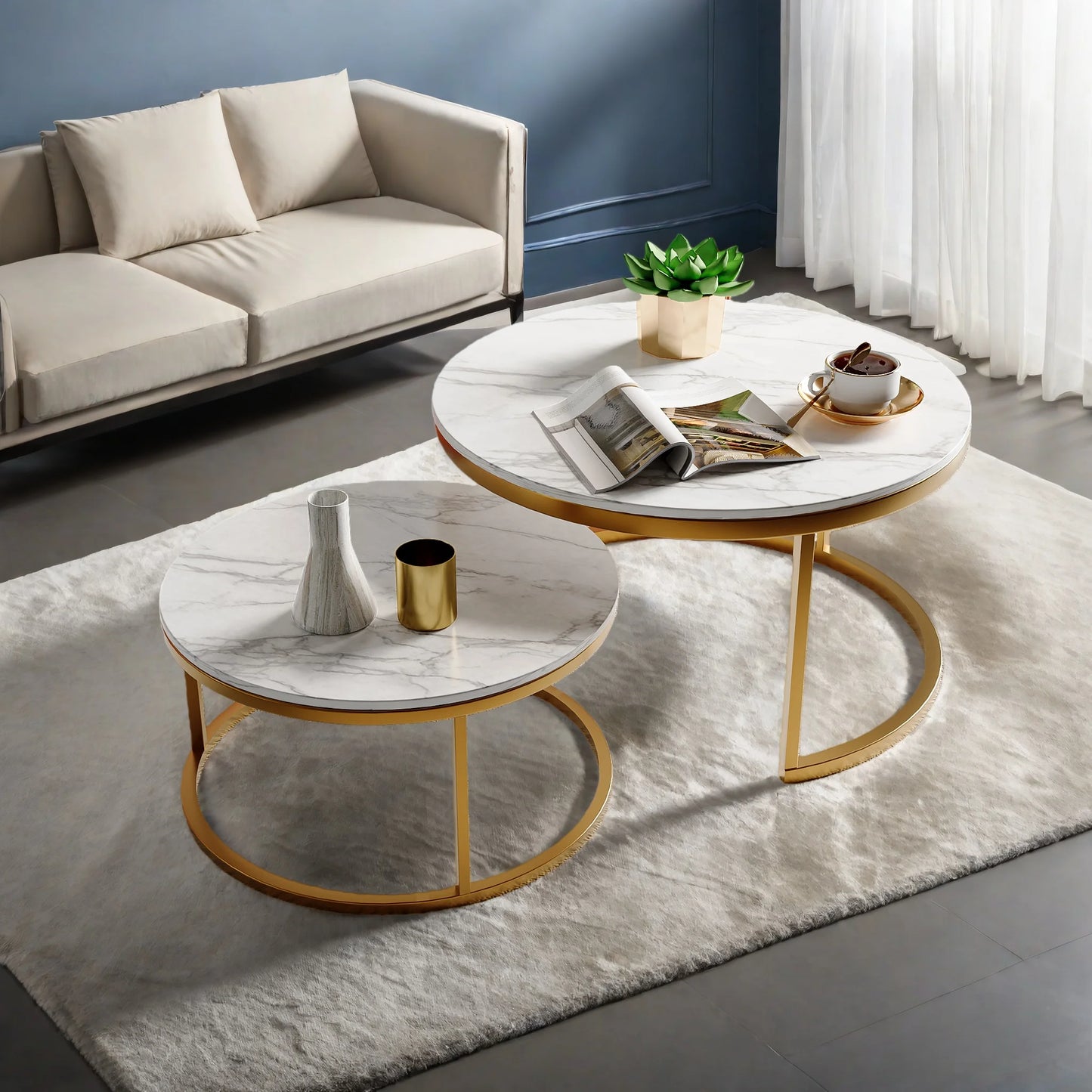 Salontafel Set - 2-Delig - Marmerlook Tafelblad - Metalen Frame