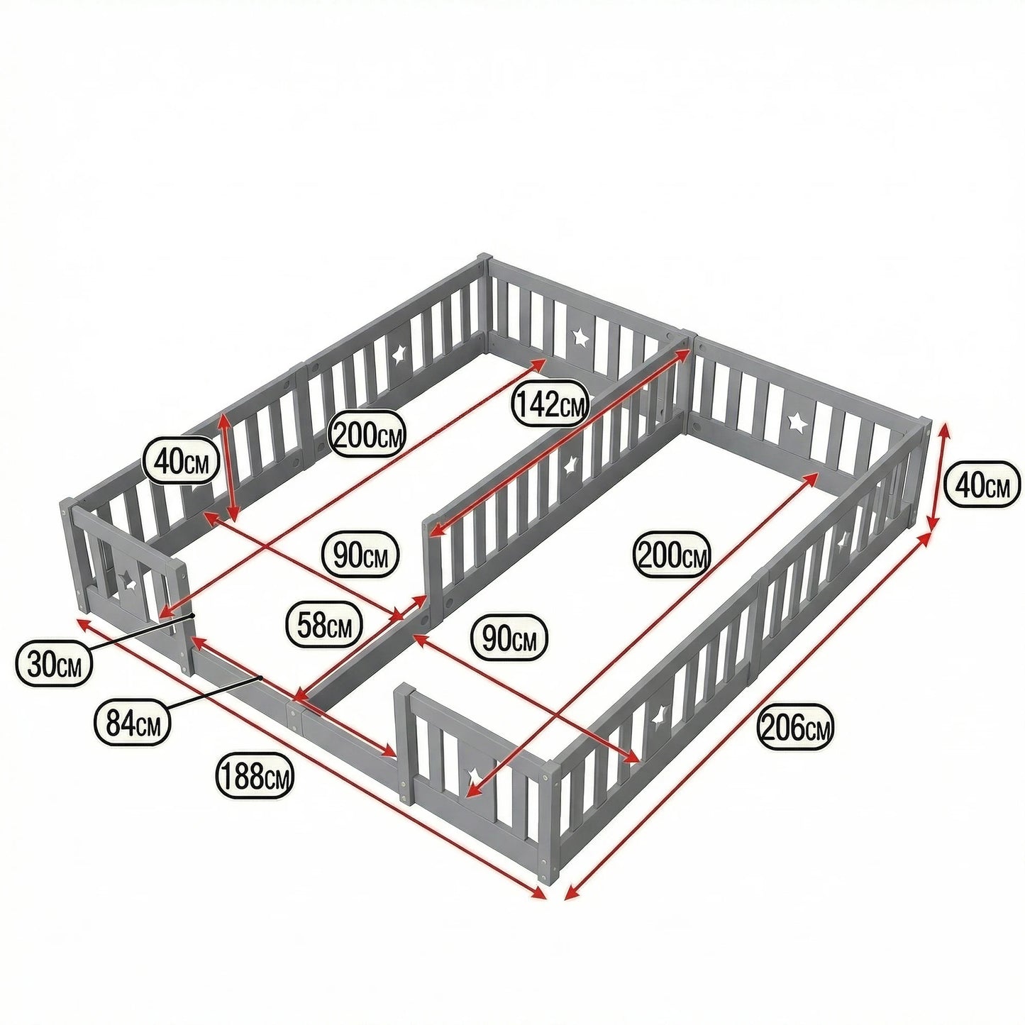 Houten Vloerbed met Speelhekken - 2 Pakketten - 53x10x60cm, Grijs/Wit