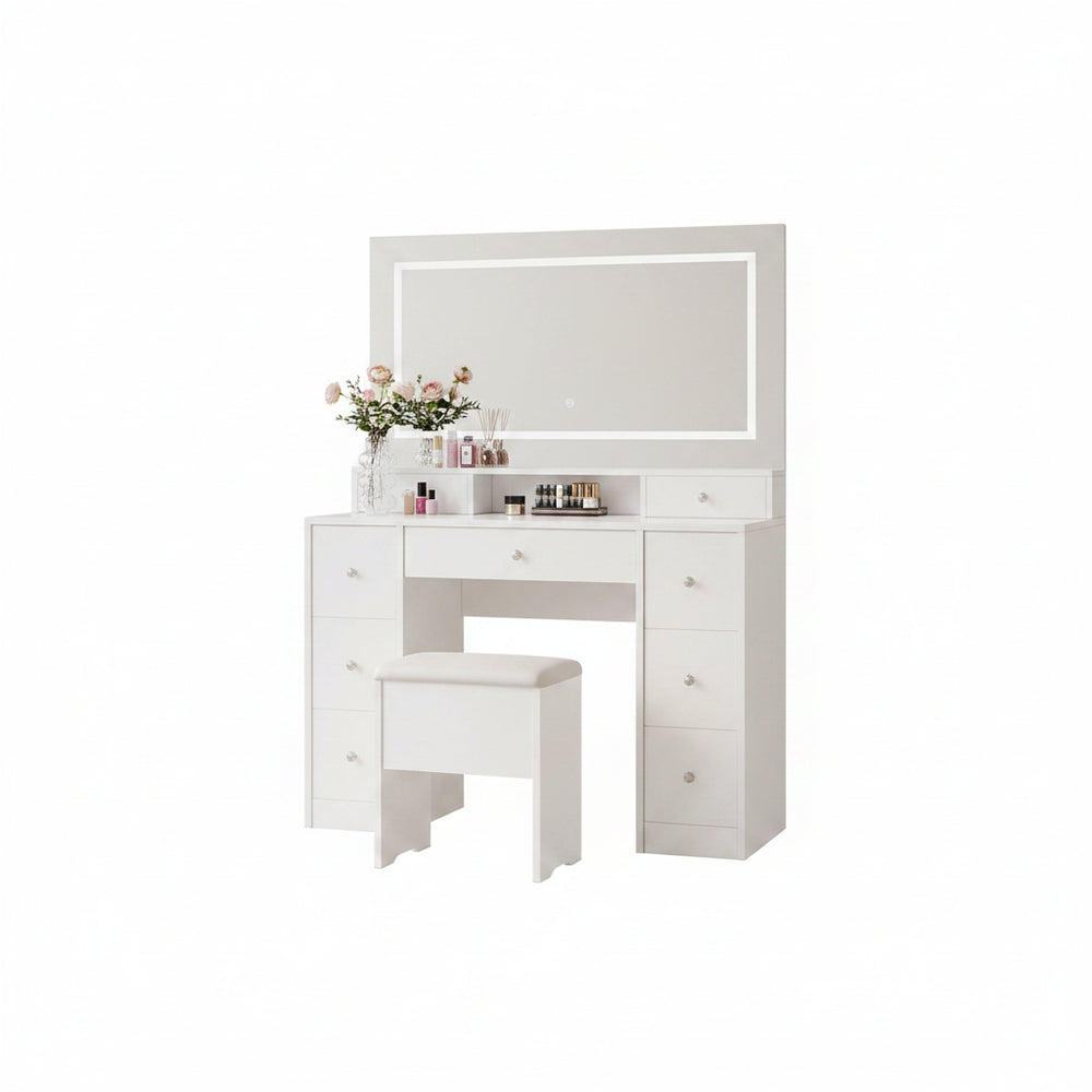 Make-up Tafel - Met Kruk - 3-Kleur LED-verlichting - 110x40x150cm, Wit