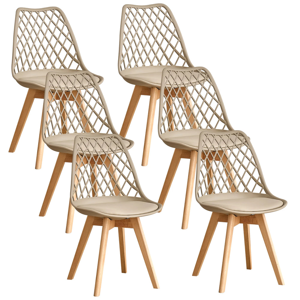 Set of 4 / 6 Nordic Style Dining Chairs, Mesh Back, Solid Wood Legs, Leather Upholstery Chair, White/Black/Beige