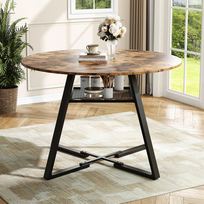 Ronde Eettafel - Houtlook Tafelblad - Zwart Metalen Frame