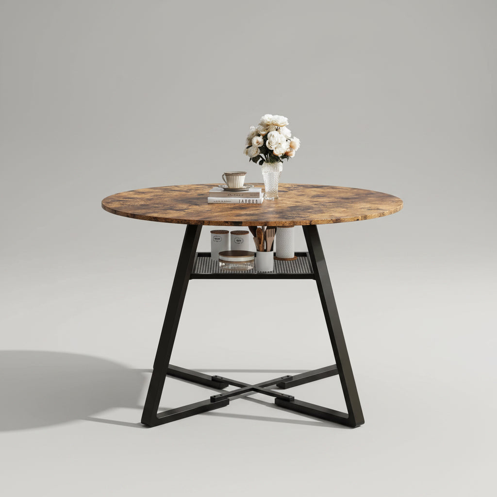Ronde Eettafel - Houtlook Tafelblad - Zwart Metalen Frame