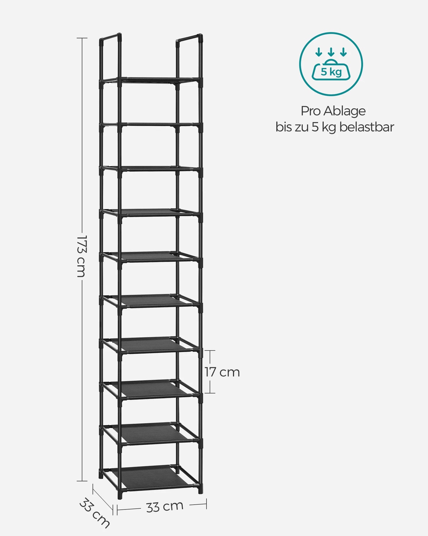 SONGMICS shoe rack 10 Layers Shoe shelf Shoe storage, 33x33x173 cm, Metal Rher, Nonwoven