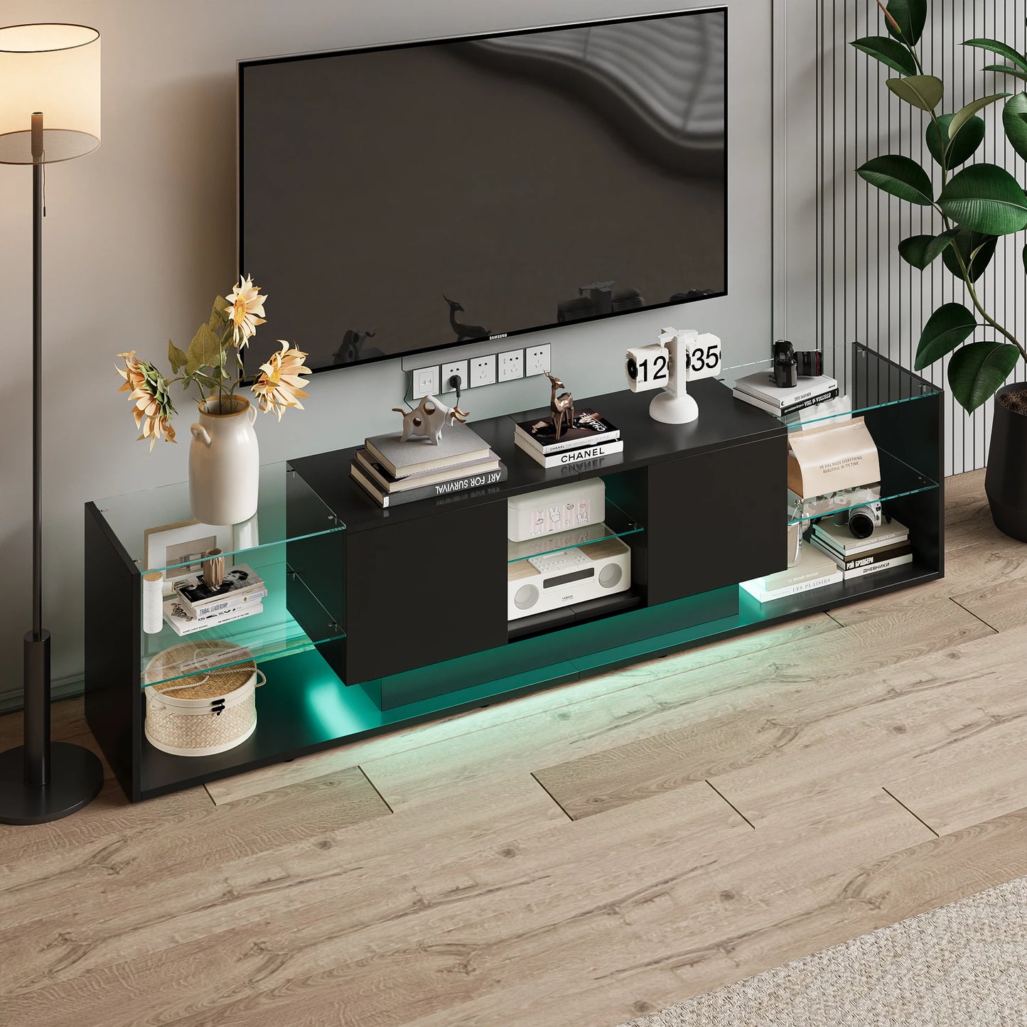LED-verlichte TV-stand - Houten - 200x35x45cm, Zwart