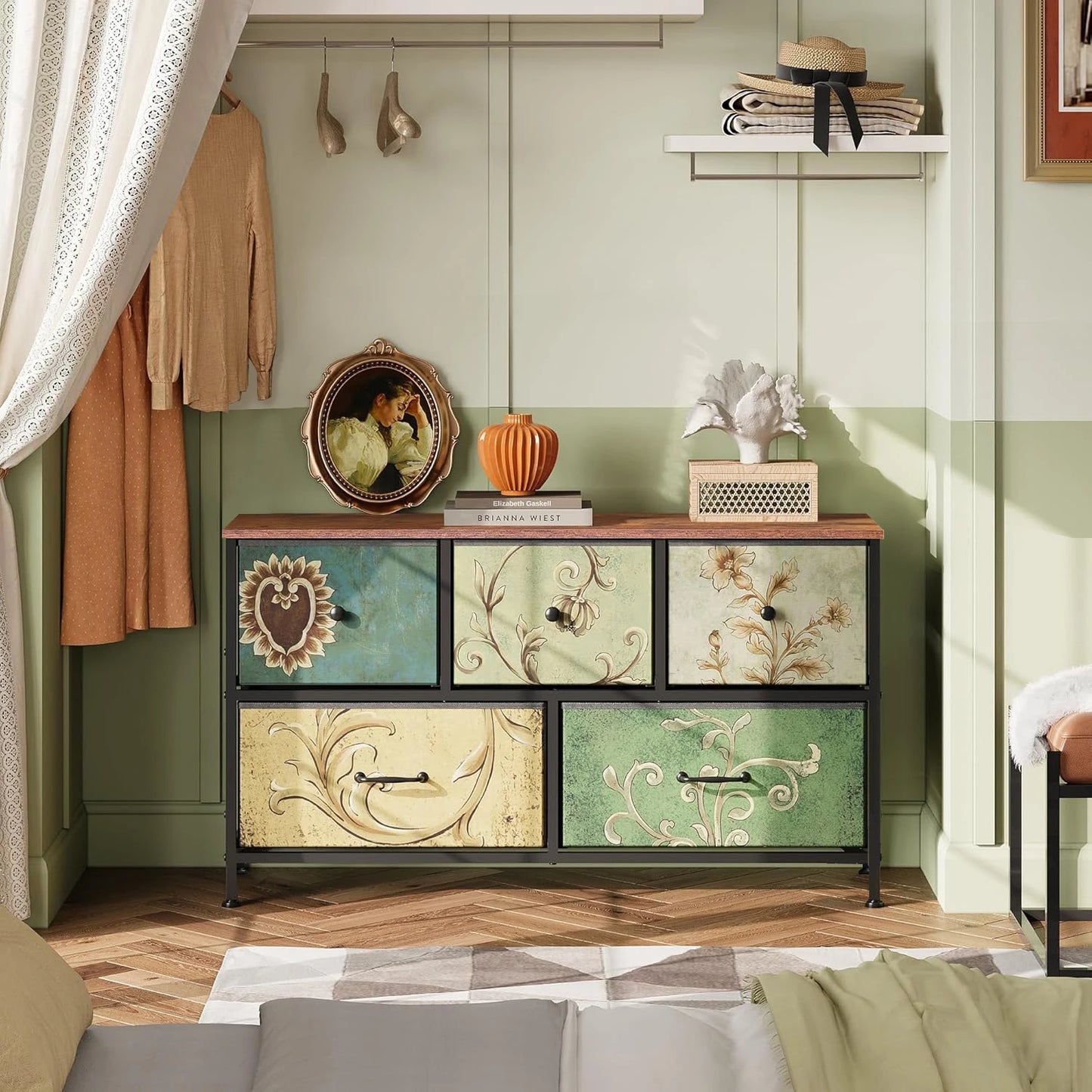 Houten Kast - 5-Trekker - Zwart Frame - Vintage Textuur Effect