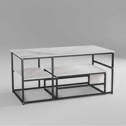 Salontafel - 2-delig - Wit Tafelblad - Zwart - Metalen Frame