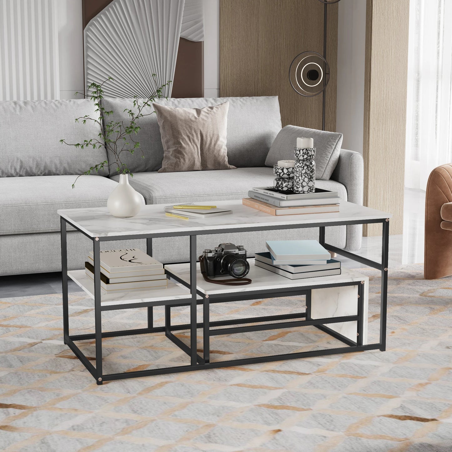Salontafel - 2-delig - wit tafelblad - Goud - Metalen Frame