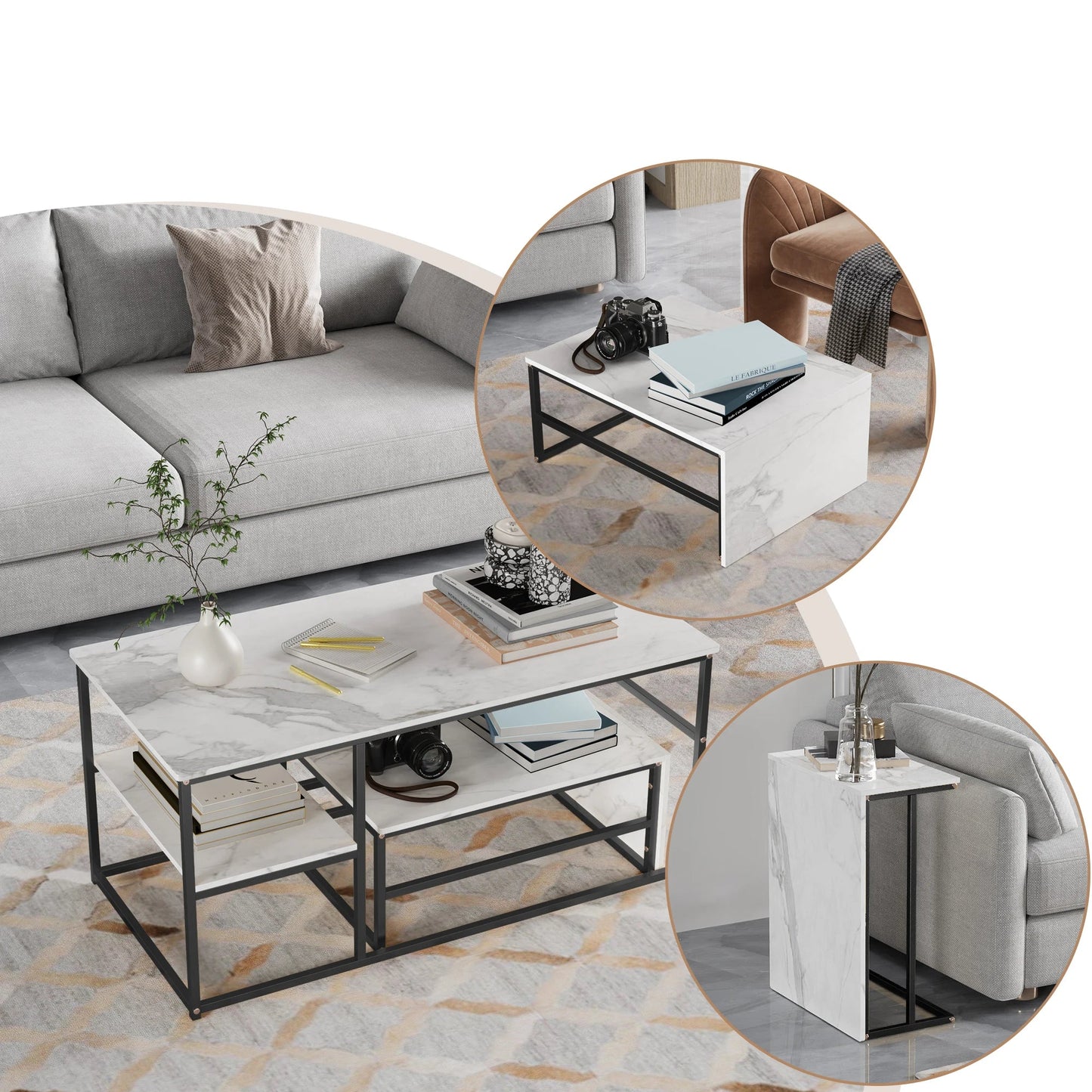 Salontafel - 2-delig - wit tafelblad - Goud - Metalen Frame