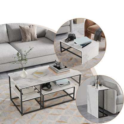 Salontafel - 2-delig - wit tafelblad - Goud - Metalen Frame