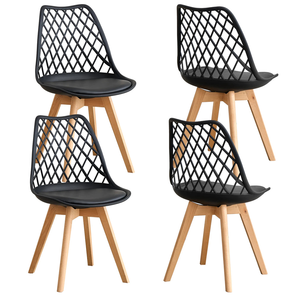 Set of 4 / 6 Nordic Style Dining Chairs, Mesh Back, Solid Wood Legs, Leather Upholstery Chair, White/Black/Beige