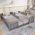 Houten Vloerbed met Speelhekken - 2 Pakketten - 53x10x60cm, Grijs/Wit
