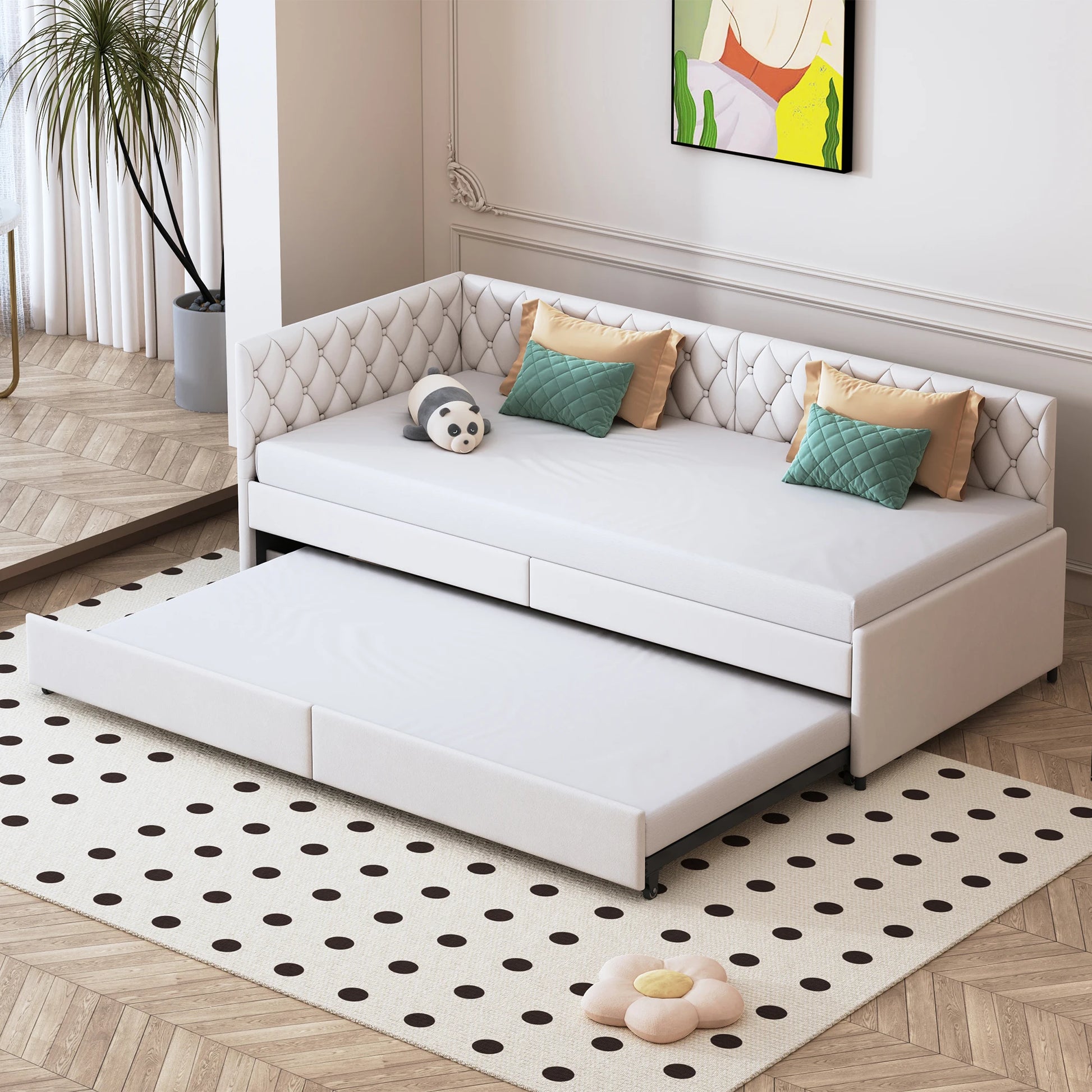 Velours Slaapbank - Uitschuifbaar, Inclusief 12 cm Matras - Grijs/Wit, 200 × 96 cm