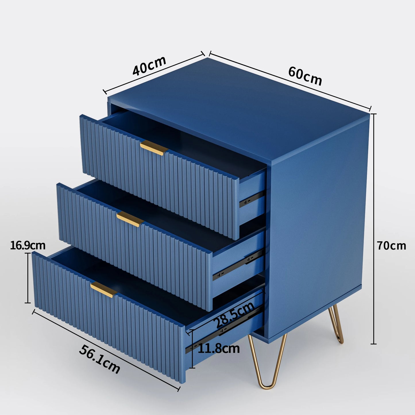 Nachtkastje met 3 Laden - Goudkleurige Poten - Moderne Opbergruimte - Blauw