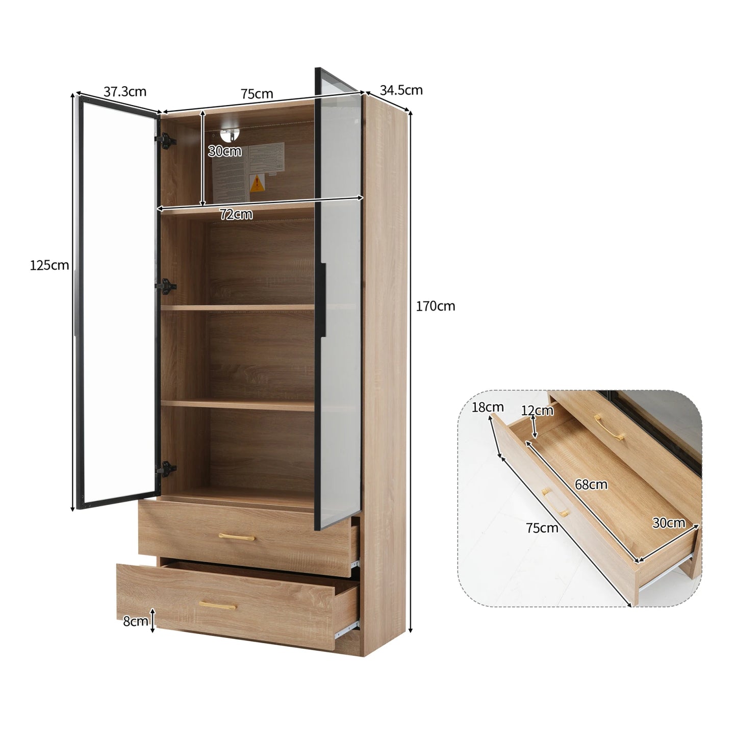 Glazen Kast met LED Stripverlichting - 2 Grote Lades & 2 Deuren