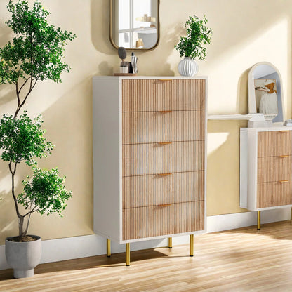 Moderne Ladekast met 5 Laden – Wit & Houtlook- Gouden Details