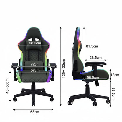 Gamingstoel met RGB LED-verlichting, Lumbar Massage en 90-135° aanpasbare rugleuning